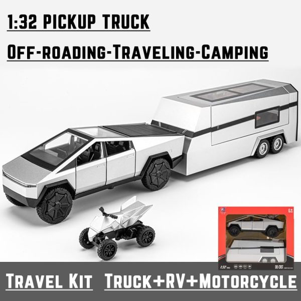 1/32 Pickup Truck and Trailer Toys with Light and Pull Back, Alloy Diecast Pickup Trailer RV Model Kit, Diecast Model Car Toy Truck and Trailer for Boys Adults as Birthday Gifts (Silver) - Image 4