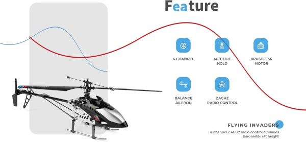 21.65 inch V913-A Black Silver Large Brushless Remote Control Alloy Helicopter Aircraft for Adults Beginners Youth 4CH RC Heli Model Fall Resistant Altitude Maintain (RTF 550MM 2 Batteries) - Image 6