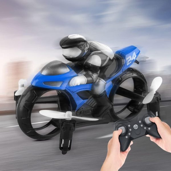 Magic RC Fly Motorbike, 2.4GHz Remote Control Motorcycle Toys Mini Flying Motorcycle with Light, 2 in 1 Land Air Motorcycle Aircraft, 360° Rotation Drift Stunt RC Drone (Blue) - Image 3