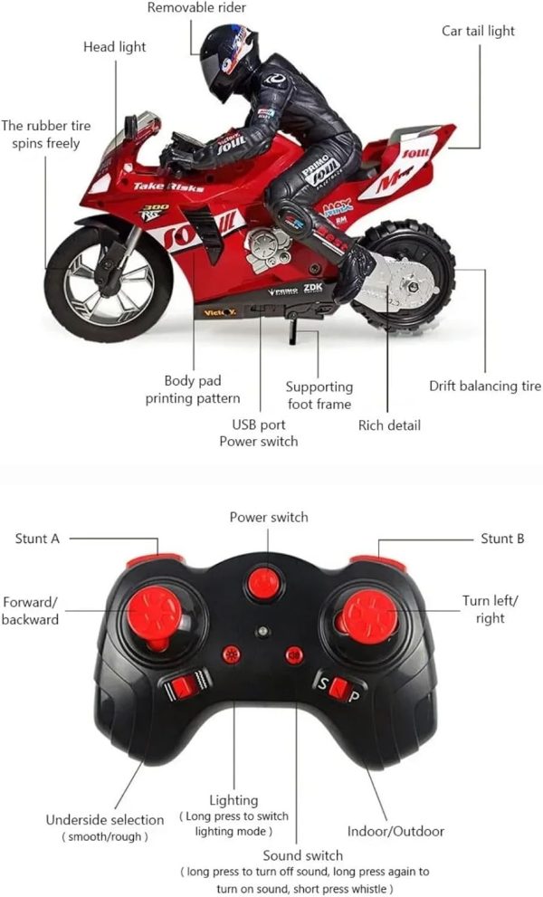 1/6 RC Stunt HC-208 Motorcycle Model 2.4GHz Alloy Racing for Adult Radio Controlled Car (Red-HC-208) - Image 5