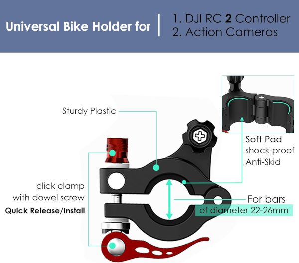 Generic Bike Mount for DJI RC 2 Remote Controller, Aluminum Alloy, Rotatable, Action Camera Compatible, Handlebar Mount - Image 7