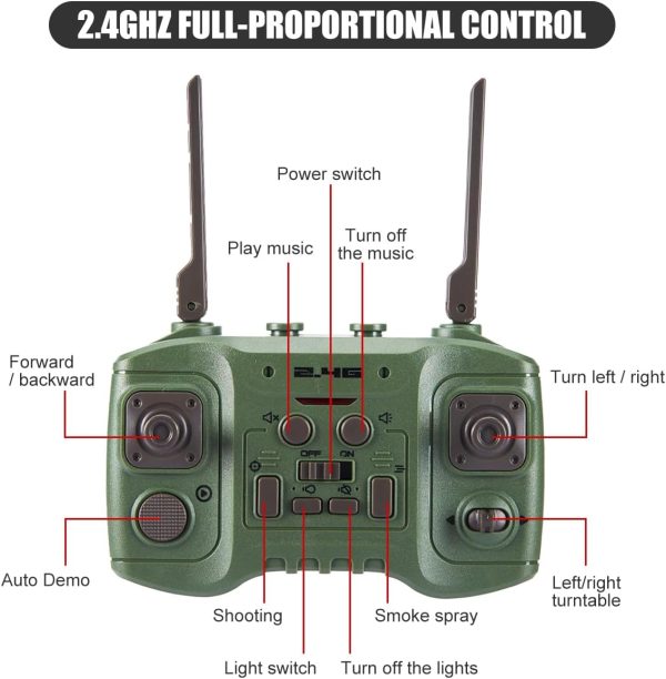 RC Tank That Shoots for Kids Adults, 2.4G Remote Control Army Tank Toys with Auto Demo Sound Light Smoke, 13 Channel Military Vehicles Model Gift for Boys, Army Green - Image 6