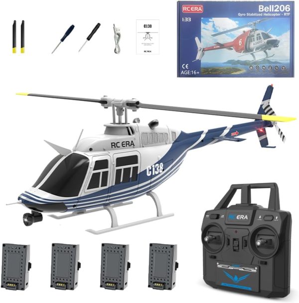 RC ERA C138 1/30 Scale 206 Helicopter for Adult, 2.4G 6CH No Aileron Helicopter with Altitude Hold and Optical Flow Positioning, 4 Batteries (RTF Version/Blue&White) - Image 2