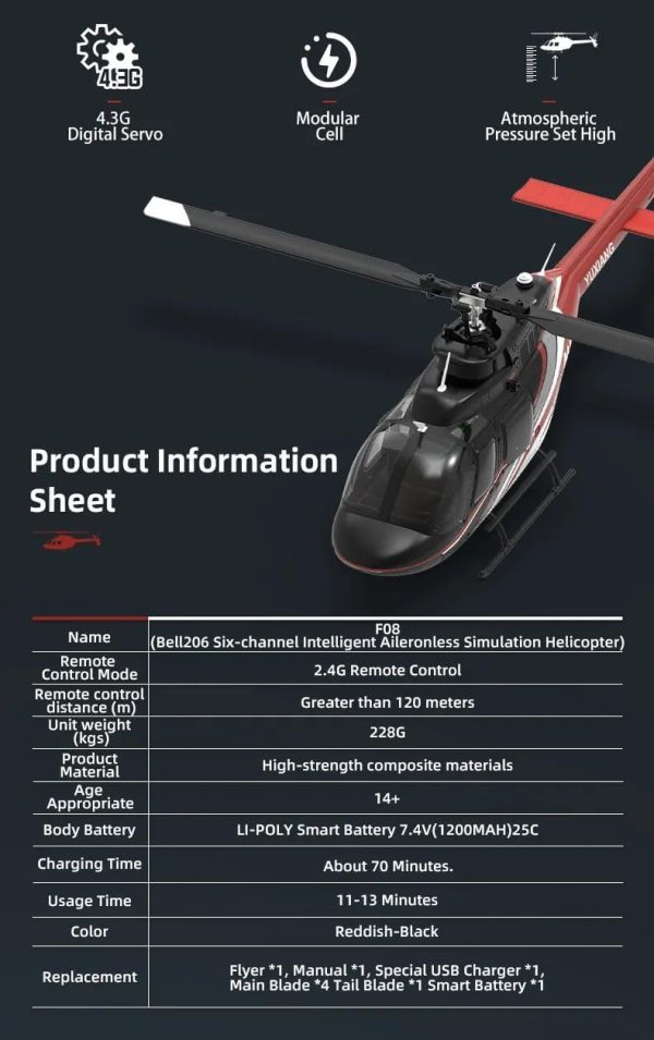 YUXIANG F08 Bell 206 RC Helicopter for Adults, 1/27 2.4G 6CH 6G/3D Brushless Direct-Drive Flybarless Advanced RTF RC Helicopter with Optical Flow Positioning - 2PCS Battery - Image 5