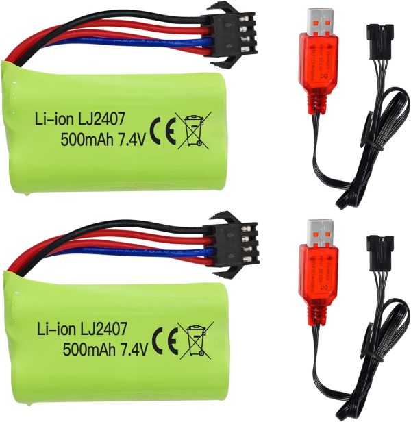 Fytoo 2PCS 7.4V 500mah SM-4P Plug Rechargeable Battery with USB Charging Cable for EC16 DE85 RC Toy Car Model Dirt Bike Battery M416 Electric Gel Ball Blaster Spare Battery - Image 2