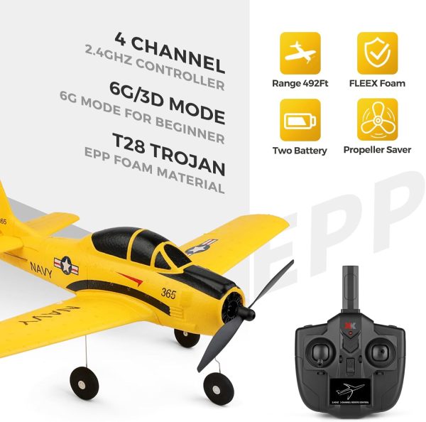 CKYSCHN WLtoys A210 4Ch RC Plane, T28 Trojan RC Airplanes with 6G/3D Mode, 2.4G Remote Control RC Airplanes Gifts for Adults Boys, Foam RC Planes with 2 Battery (T28 Trojan-1) - Image 3