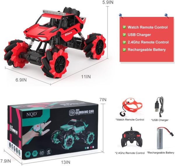 NQD Gesture Remote Control Car - 4WD Off-Road 1:14 Big Monster Stunt Car with 360° Spins All Terrain Hand Controlled Sensor Toy Cars with Lights Music for Kids Boys & Girls Birthday Gifts (RED) - Image 8