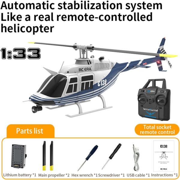 RC ERA C138 1/30 Scale 206 Helicopter for Adult, 2.4G 6CH No Aileron Helicopter with Altitude Hold and Optical Flow Positioning, 4 Batteries (RTF Version/Blue&White) - Image 4