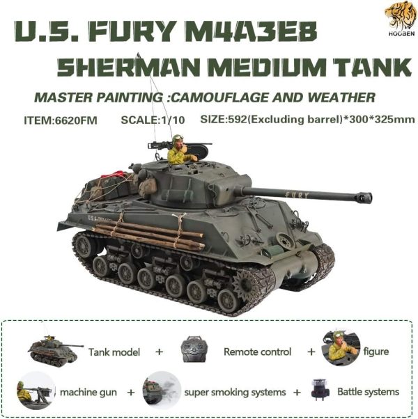 1/10 M4A3E8 Fury Sherman Brad Pitt Tank with Master Camouflage Weathering+Figure RTR RC Tanks - Image 3