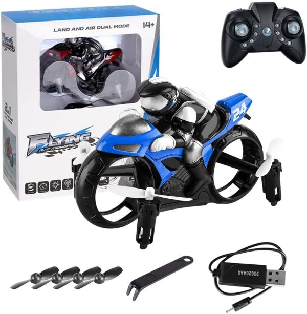 Magic RC Fly Motorbike, 2.4GHz Remote Control Motorcycle Toys Mini Flying Motorcycle with Light, 2 in 1 Land Air Motorcycle Aircraft, 360° Rotation Drift Stunt RC Drone (Blue) - Image 2