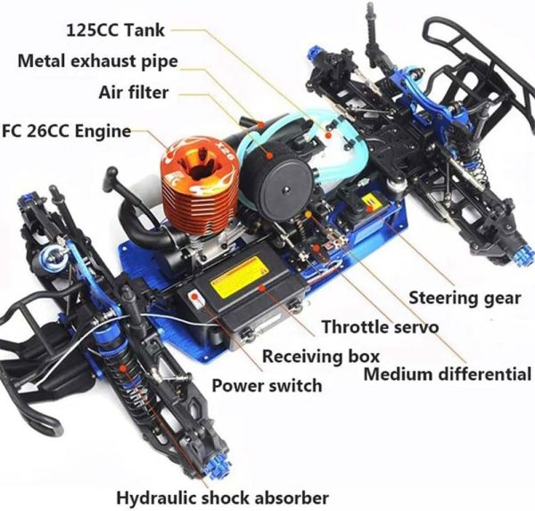 Nitro Powered Car 1/8 RC Truck Hobby Grade Racing Car for Adult 20.5IN 26CXP Nitro Engine RC Rock Crawler Remote Control Buggy Nitrogen Drive 4WD 90KM/H Metal Chassis Gas 125CC - Image 4