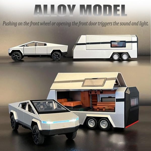 Pickup Trailer RV Model, Metal Pick-Up Truck Trailer Toy with Motorcycle, Toy Truck with Sound/Light/Pull Back/Realistic Interior Exterior,Ideal Toy Car Vehicle Gifts (1/32 Green Pickup Trailer RV) - Image 7