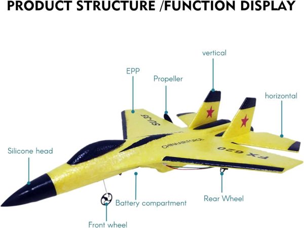 GoolRC FX620 RC Airplane, 2.4GHz Remote Control Airplane, 2 Channel RC Plane, SU-35 RC Glider EPP Aircraft Model with 3-Axis Gyro, Outdoor Flight Toys for Kids and Adults with 2 Battery (Yellow) - Image 7