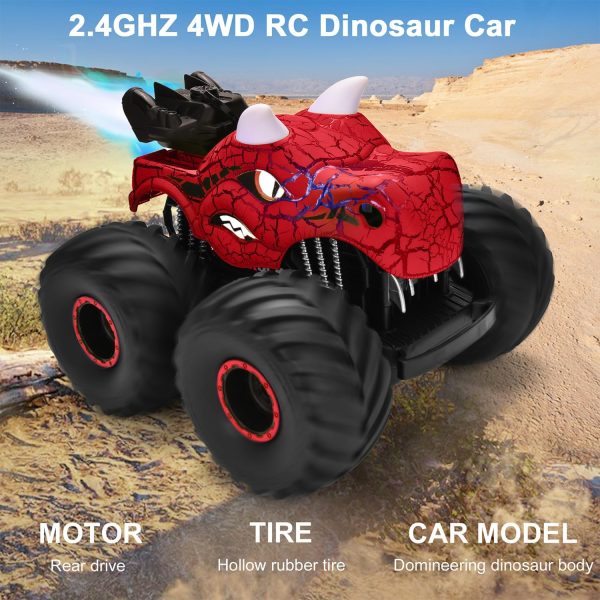 Remote Control Dinosaur Car Toys for Kid Boys, 2.4GHz RC Monster Truck Toys with Spray, Light, Sound, Indoor Outdoor All Terrain RC Car Toy, for 4-12 Kids (Red) - Image 4