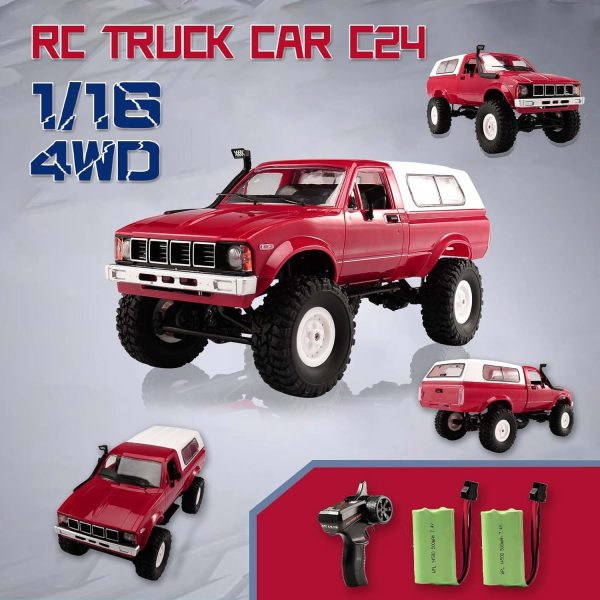 Remote Control Truck, C24 RC Car 2.4G 4WD 4x4 Off-Road Rock Crawler Electric Buggy Semi Truck and Trailer,All Terrain RTR Racing Vehicles with LED Lights Boys and Adults Gifts Toys (Red-2 Battery) - Image 3