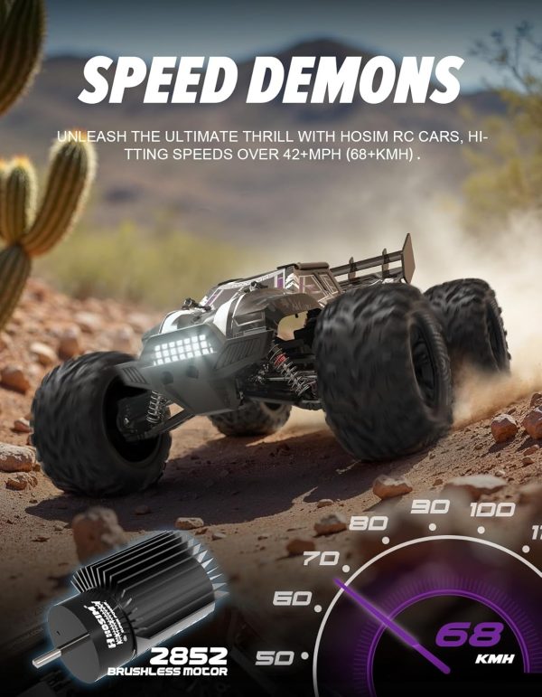 Hosim 1/10 Brushless Fast RC Cars for Adults, 68+Km/h Remote Control Car All Terrain Hobby Rc Trucks, 4WD Off Road Waterproof Racing Buggy Toy Gift Remote Monster Trucks-Upgradeable to 3S Battery - Image 3