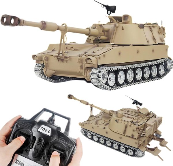 Large Remote Control Tank US M109A2 Self-propelled Howitze RC Tank 1/16 War Military Vehicle Smoke Barrel Turning Cannon Lifting Shooting 50CM (Yellow Upgraded Metal Gearbox RC Tank) - Image 2