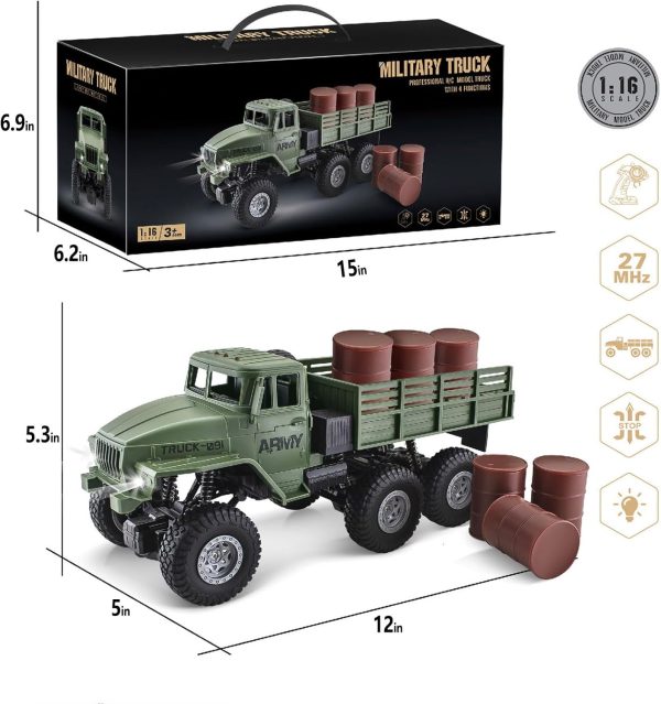 RC Military Truck 6x6 Road Remote Control Car 1/16 Scale Remote Control Truck 4WD All Terrain Rock Army Transport Vehicle Toy Vehicle for Kids Children Boy Gift - Image 8