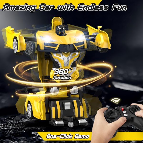 Remote Control Car，Transform Robot RC Cars with Cool LED Headlights, 2.4Ghz Toys Car with 360 Degree Rotation and One-Button Deformation, Christmas Birthday Gifts for Boys Girls(Yellow) - Image 4