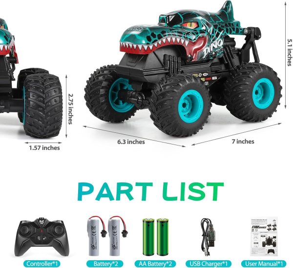 Remote Control Car, 2.4Ghz All Terrain Dinosaur Monster Truck Toys, RC Truck with Music, 3 Lighting Effects, 360 Stunt Capable, All Included Ready to Run, Toy Gifts for Boys and Girls (Cyan) - Image 3