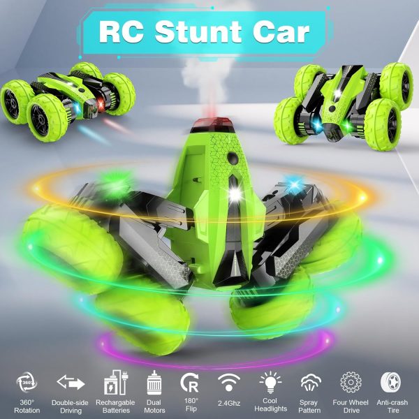 Remote Control Car, RC Stunt Car, 2.4Ghz Double Sided 360° Rotating Remote Control Truck with Headlights, 4 Wheel Drive, Cool Spray Patterns Music for Boys Girls Age 6 7 8 9 10 11 Year Old - Image 3