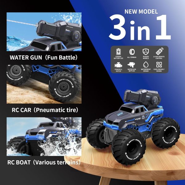 1:16 4WD Remote Control Monster Truck All Terrain Amphibious RC Car Boat with Water Spray Gun Two Batteries Waterproof and Durable Electric RC Truck for Boys and Girls for Kids Ages 6+ - Image 5