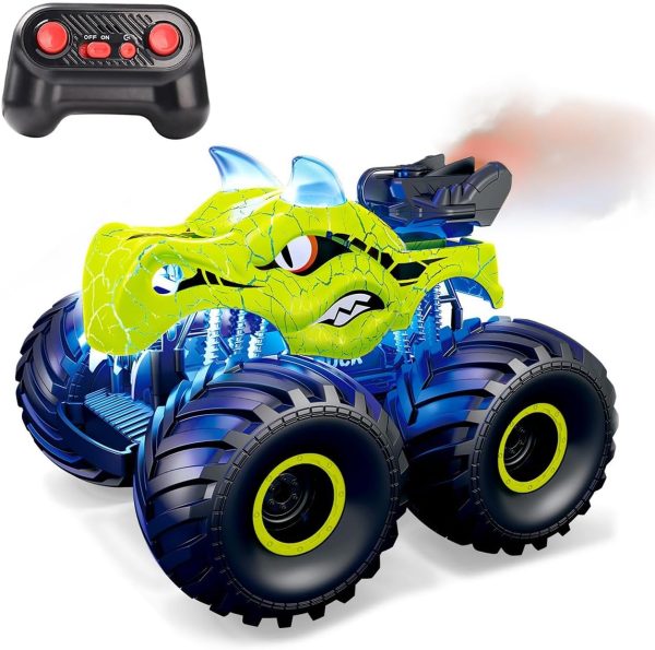 Threeking 1:18 Dinosaur RC Car Remote Control Cars Trucks Toy 4WD Off-Road Car Toys with Lights Spray Suitable for All Terrain Gifts Presents for Boys/Girls Ages 6+ Green - Image 2