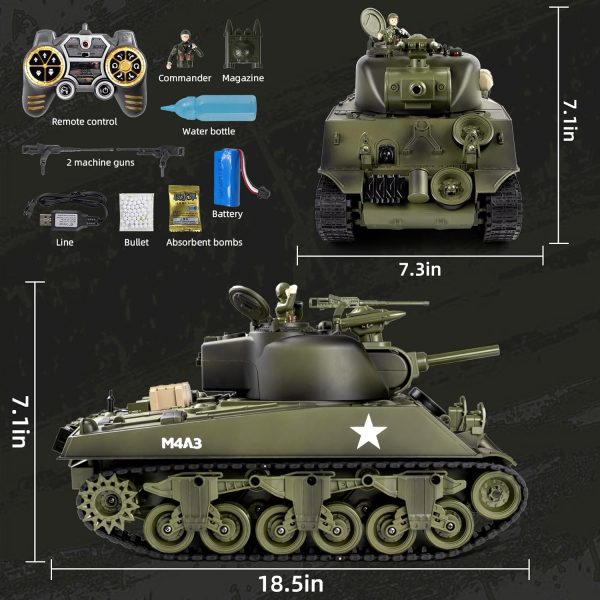 1/18 RC Tank, Sherman M4A3 Remote Control Tank with Sound & Somke & BBS & Water Bombs & Recoil Force, 2.4 GHz Army Tank Toys for Adults & Kids - Image 3