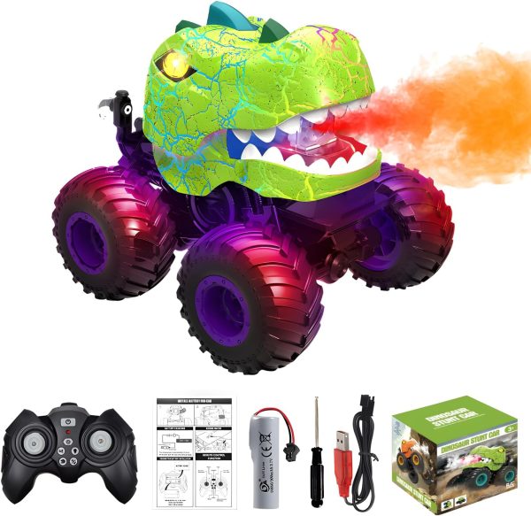 Dinosaur Remote Control Car, 360° Rotating RC Stunt Car Monster Truck Toys with Spray, Light & Sound, 2.4GHz All Terrain RC Cars for Boys Age 4-7, Birthday Gifts for Kids 3-5 6 7 8-12 (Green) - Image 2