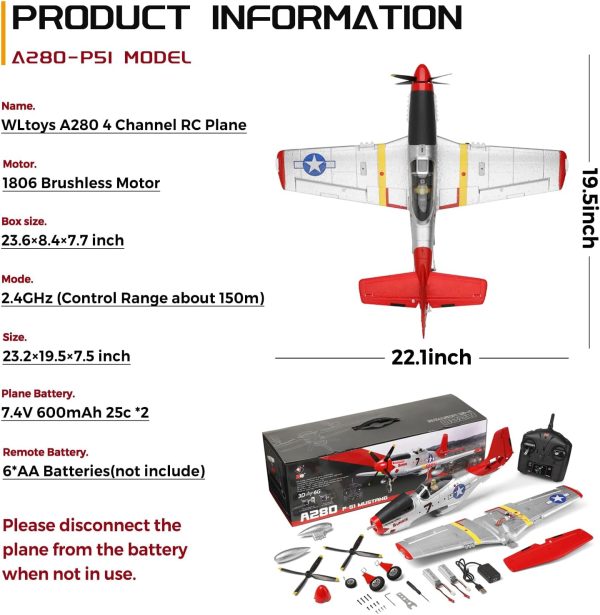 CKYSCHN WLtoys XK A280 RC Airplane, P51 Mustang 4 Channel RC Plane with Lights, 6G/3D Brushless RC Planes, Electric Remote Control Plane, Hobby RC Planes for Adults - Image 7