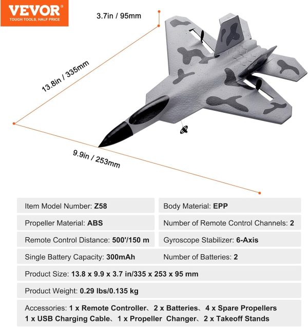 VEVOR RC Plane 2 Channel, Remote Control Airplane 2.4GHZ with 6-Axis Gyro Stabilizer&2 Batteries, F-22 Fighter Aircraft Plane Toy for Adults Kids Beginners Boys Birthday/Xmas Child Gift - Image 8