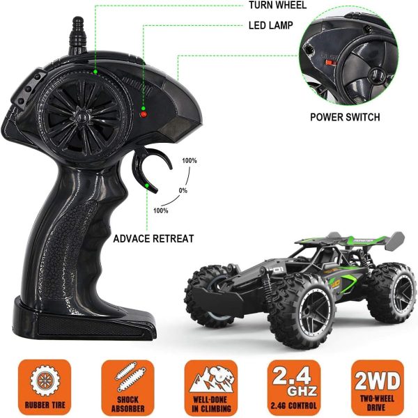 DoDoMagxanadu Remote Control Car, RC Cars for Boys Age 8-12, Toys Cars for Boys Age 4-7, 1:18 2.4Ghz Monster RC Truck Toys for Girls, Off Road RC Crawler Stocking Stuffers for Kids(Black Green) - Image 4