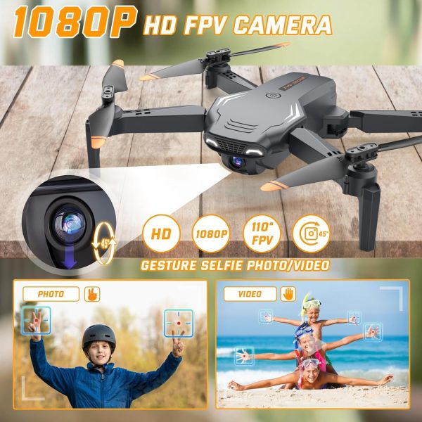 Drones for Kids Beginners - Foldable HD 1080P Drones with Camera 2 Batteries,Wifi Remote Control,Gestures Selfie,One Key Start,360° Flips,Full Guards,Headless Mode,Boys Toys/Gifts(Black) - Image 3