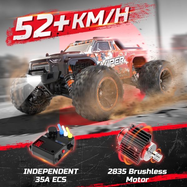 DEERC H16R Brushless Fast RC Cars,1:16 52KM/H High Speed Remote Control Car,4X4 All Terrains RC Monster Truck,Waterproof Off-Road Hobby Electric Vehicle Car Gift for Adults Boys,2 Li-ion Batteries - Image 3