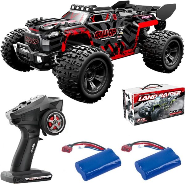 1:18 Scale RC Monster Truck 40km/h Speed 4X4 All Terrain Off-Road RC Truck, Waterproof Electric RC Vehicle with Roof Lights and Heads Up Wheels with 2 Batteries (Red) - Image 2