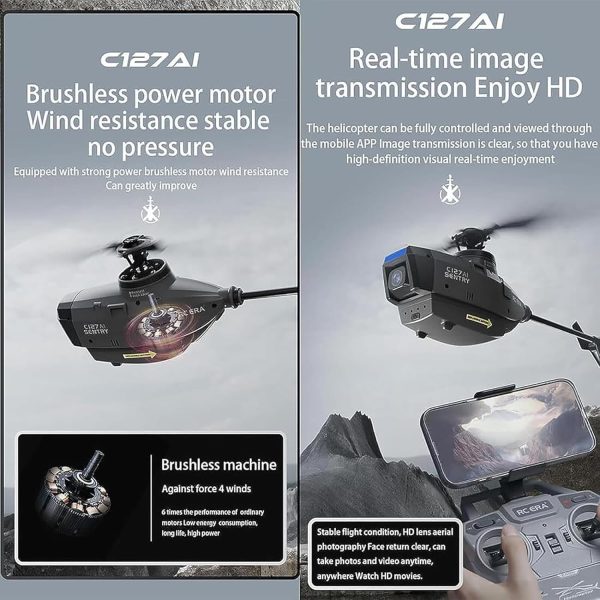 C127AI Scout RC Helicopter with 1080P Camera, 4CH AI Intelligent Remote Control Helicopter with 6-Axis Gyro One Key Take Off/Landing Optical Flow Positioning - Image 5