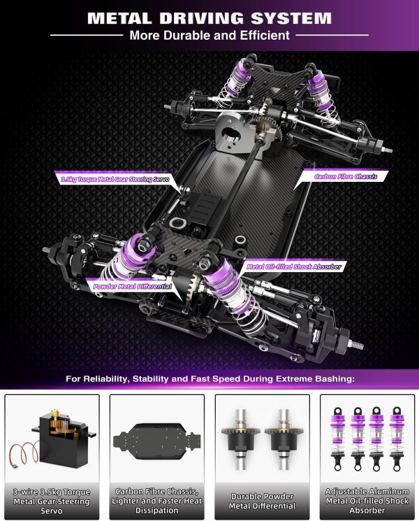 RIAARIO 1:14 RTR Brushless Fast RC Cars for Adults with Independent ESC, Max 63mph Hobby Off-Road RC Trucks, RC Monster Trucks with Carbon Fiber Chassis, Oil Filled Shocks Remote Control Car for Boys - Image 4