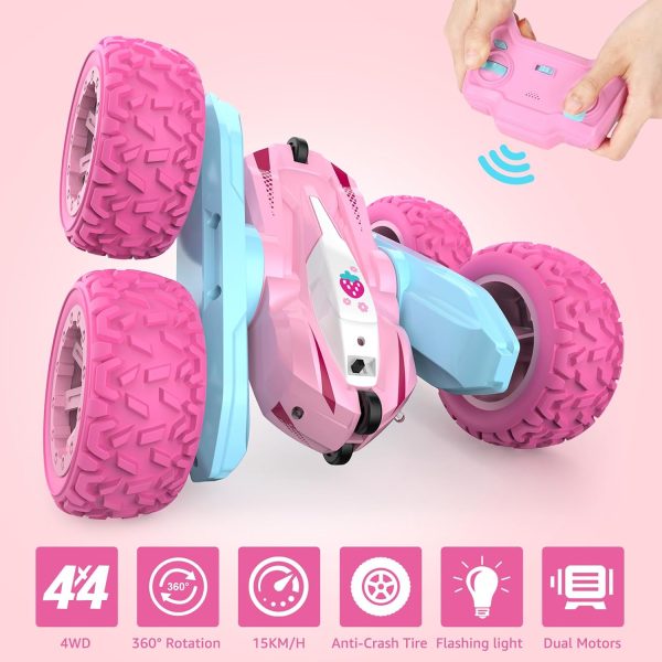 Remote Control Car, Pink RC Cars for Girls, Rechargeable RC Truck, 2.4Ghz Double Sided 360° Rotating Stunt Car Toy with Headlights, Birthday Gift for Kids Age 3+ - Image 4