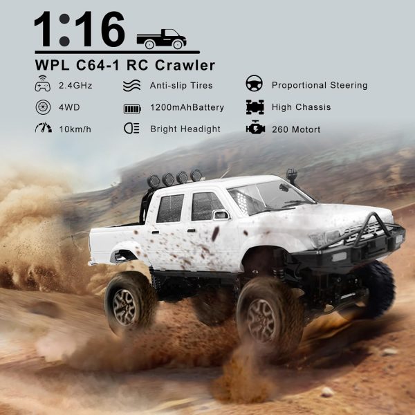 WPL C64-1 RC Car 1:16 Scale RC Crawler RTR RC Rock Truck 4x4 Off-Road Vehicle Mode 260 Motor New Gearbox with 3 Upgraded 1200mah Battery for Adult RC Hobby(White) - Image 3