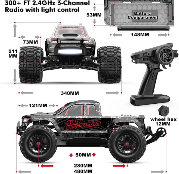 MJX Hyper GO 10208 V2 1/10 RC Trucks 4X4, Brushless RC Cars for Adults Fast 50mph, RTR Hobby 3S Electric Powered High Speed RC Car, PC Clipless Body Mounts, RC Truck Compatible with 4S Lipo - Image 7