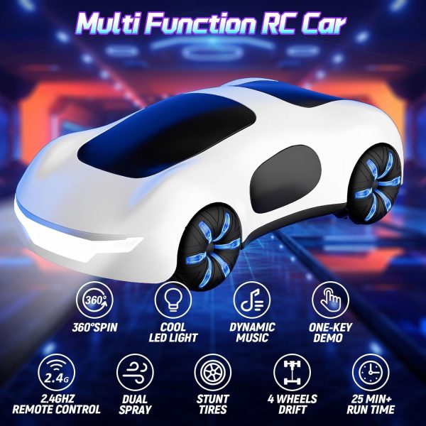 RC Drift Car,2.4Ghz Remote Control Car Kids Toys with LED Lights & Sound & Double Spray Effects 360° Rotating Hobby RC Stunt Car for Boys Girls Racing Christmas Birthday Gifts (White) - Image 3