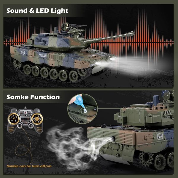 1:18 Remote Control Tank, 2.4GHz German Leopard II RC Tank, 60 Minutes Playing Times, Army Tank Toys with BBS & Water Bombs & Sound & Somke for Adults and Ages 6+ - Image 4