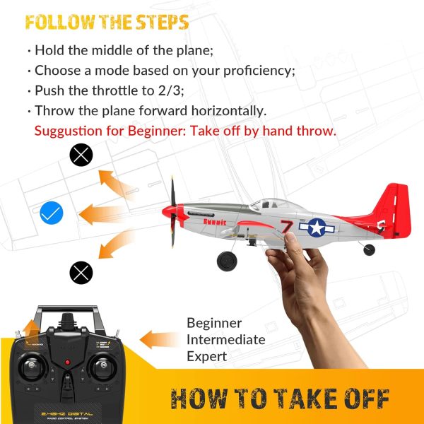 VOLANTEXRC RC Plane - P51 Mustang Ready to Fly with X-Pilot Stabilization - Remote Control Aircraft for Adults, One-Key Aerobatics, 2.4GHz 6-Axis Gyro (RED) - Image 6