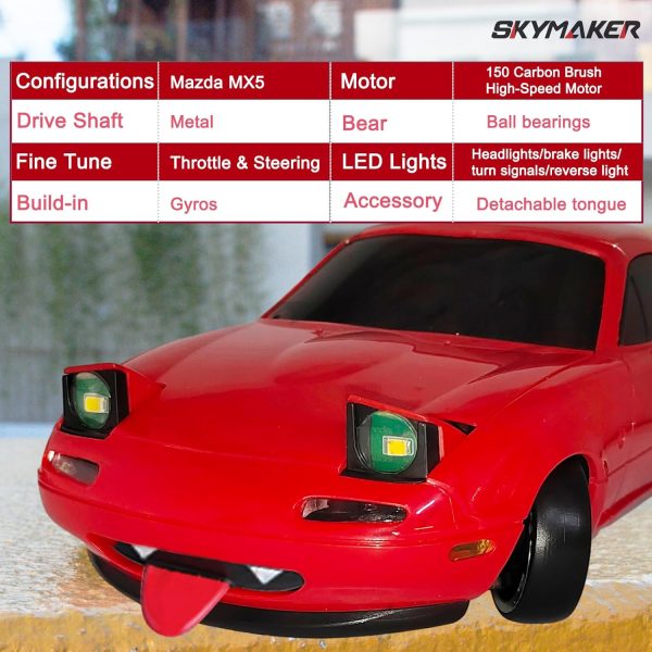 Skymaker LDRC Mazda MX5 Miata RC Drift Car 1/18, 2.4GHz Drifting with Gyro Pop-up Lights, RWD Drift Car for Adult Gift (Red with 2 Batteries) - Image 7