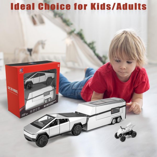 Cybertruck Toy for Kids, Pickup Truck with RV Motorcycle Cybertquad Metal Die-cast Model Car, 1/32 Toy Truck and Trailer with Sound/Light/Pull Back, Ideal Gift for Boys Aged 6 and Up (Silver) - Image 8