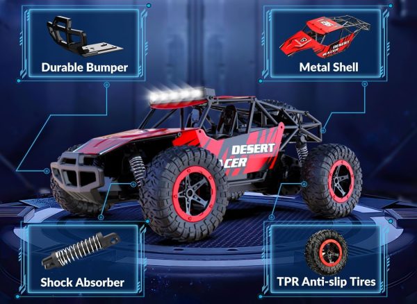 RACENT Remote Control Cars for Boys - 1:16 Scale 20kph Fast RC Truck All Terrain Off-Road Monster Truck Toy for Kids & Adults with 2 Rechargeable Batteries (Red) - Image 8