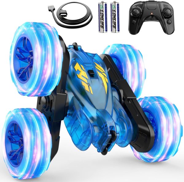 Remote Control Car,Rechargeable Fast Direct Charging RC Cars for Kids with Colorful Light,Double-Sided 360° Rotating RC Stunt Car 4WD RC Truck Car Toys for Ages 5-7 Gift for Boys Girls Ages 8-12 Blue - Image 2