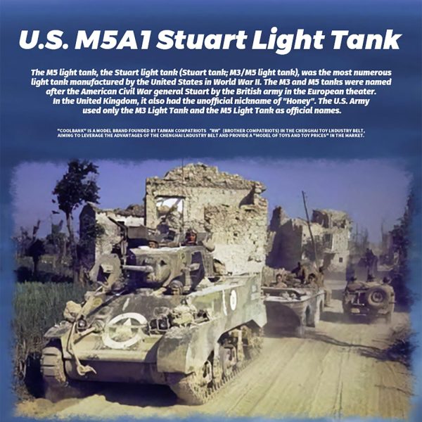 Remote Control Light Tank US M5A1 Stuart Tank 1/16 War RC Military Vehicle Simulation Smoke Barrel Lifting/Turret Rotation 360 Degrees/NO-Shooting/Collection Model / 2Batteries - Image 6