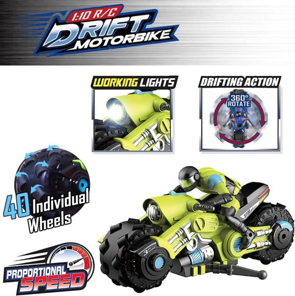 Liberty Imports 2.4Ghz RC Motorcycle Remote Control Stunt Drift Bike Racing Vehicle - 1/10 R/C High Speed Cyclone Motorbike and Riding Figure with 360° Spinning Wheels Action (Green) - Image 3