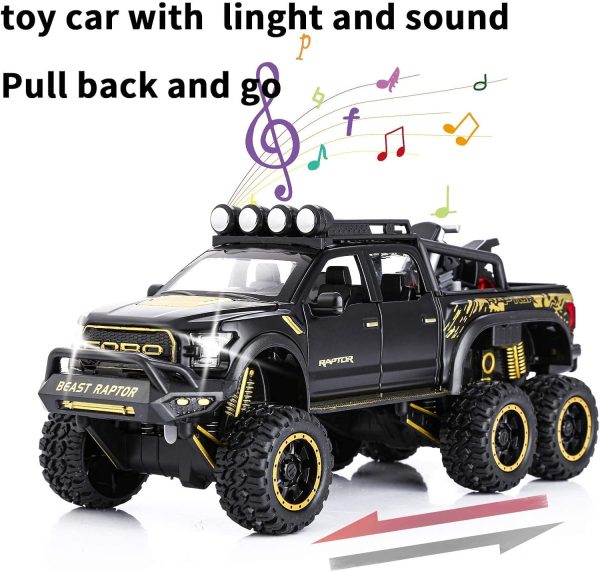 SASBSC Toy Pickup Trucks for Boys F150 Raptor DieCast Metal Model Car with Sound and Light for Kids Age 3 Year and up Black - Image 2